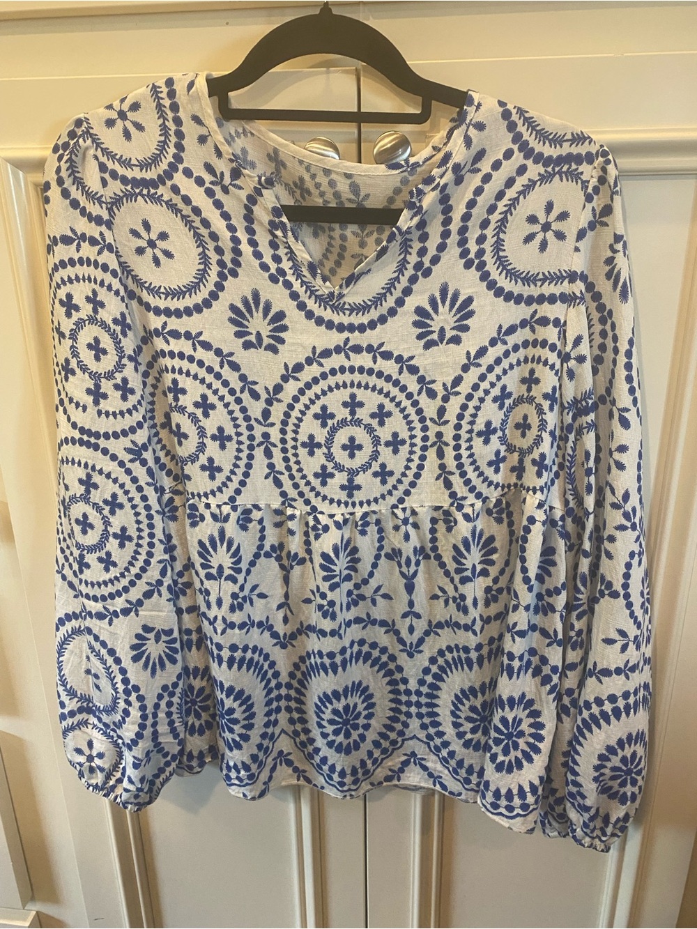 Blue & White Floral Medallion Peasant Top